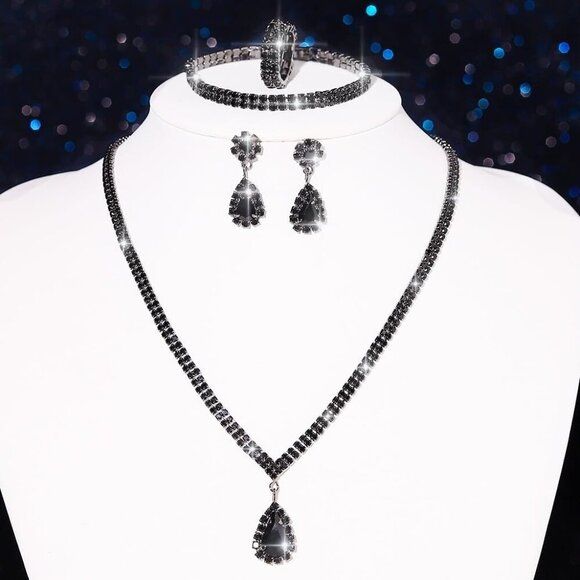 Bridal Wedding Jewelry Set Rhinestones Necklace Earrings Bracelet Ring Women - Picture 6 of 7